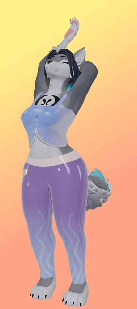 Alexi in a bright blue tanktop with purple gradient pants, stretching, dressed up for Furality Somna