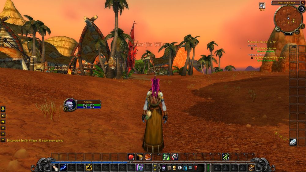 Screenshot from WoW of a troll shaman entering Sen'jin Village. The troll is level 6 and her name is Caeciua. The UI is Blizzard's classic UI, and it's very bland and empty.