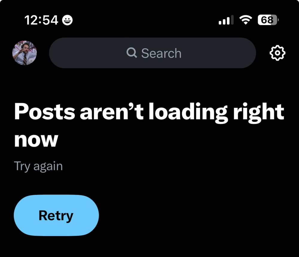 Screenshot of X stating ‘Post aren’t loading right now. Try Again.
