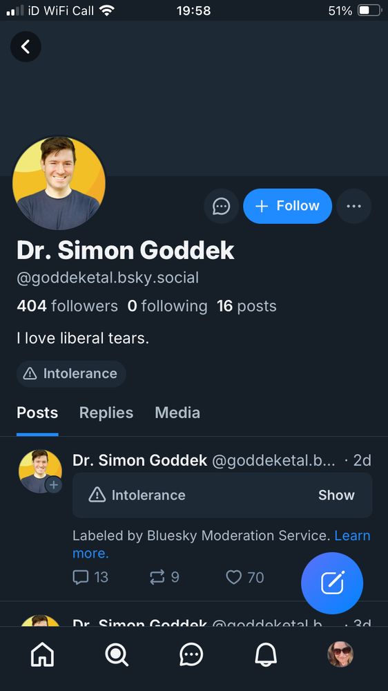 A picture of the profile of Dr. Simon Goddek who appears to be a Dr. Of Hate. Block all who follow and your life will be better for it. 