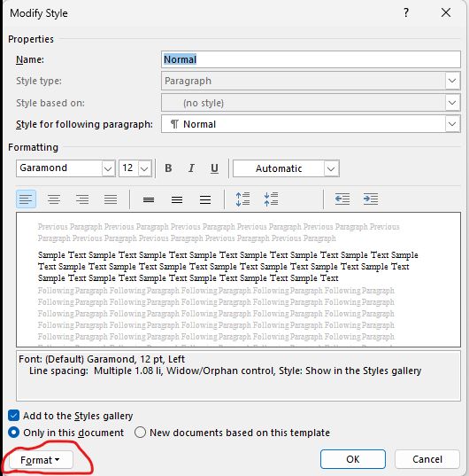 The "Modify Style" dialog box in Microsoft Word with the Format dropdown button circled in red
