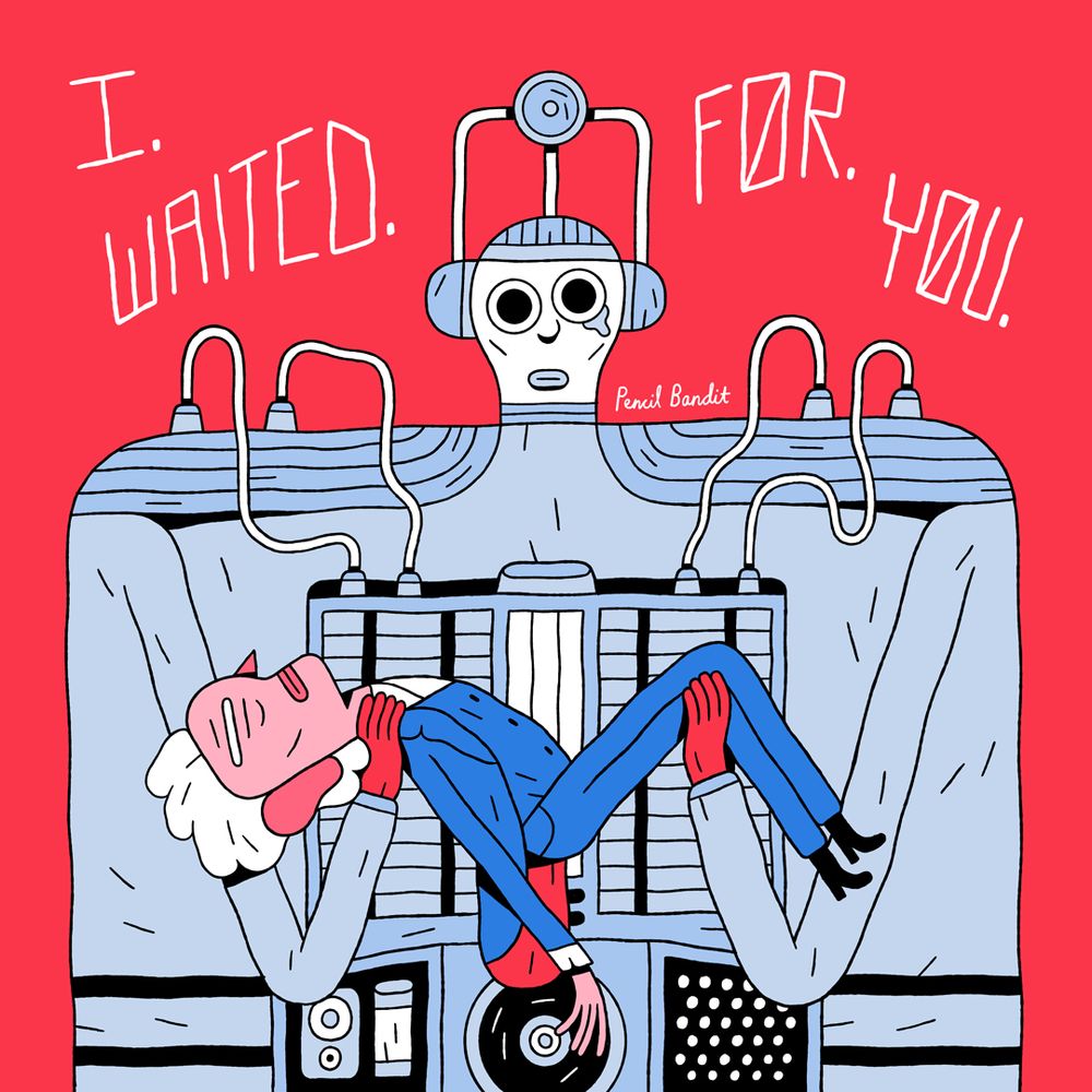 A cartoony illustration of Bill Potts as a Cyberman filling the frame, cradling the Twelfth Doctor in a scene from The Doctor Falls. Around the Cyberman’s head are the words ‘I. Waited. For. You.’