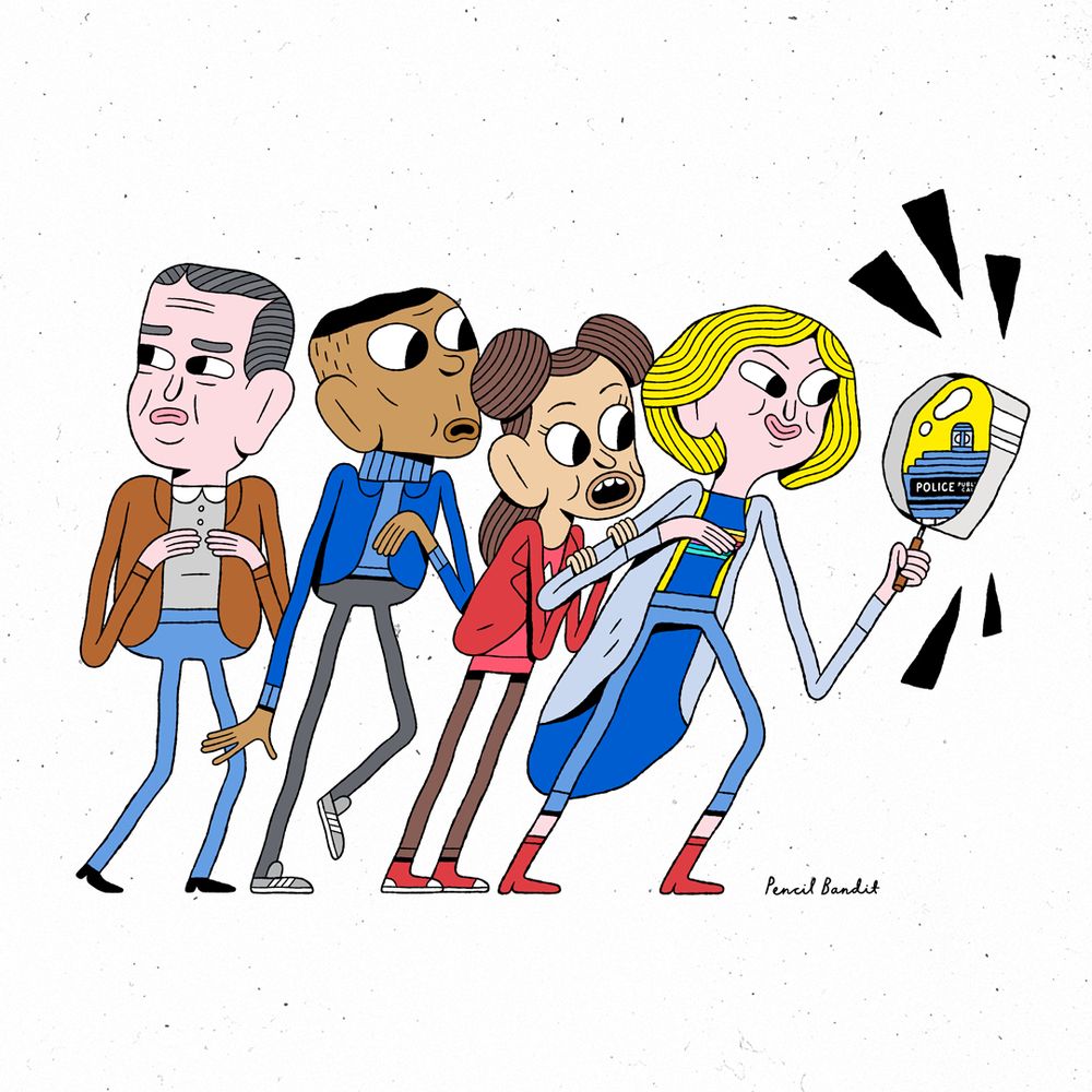 A cartoony illustration of Graham, Ryan, Yaz and the Doctor from Series 11 of Doctor Who, creeping along in a line, with the Doctor holding up a magnifying glass at the front, in which the TARDIS can be seen.