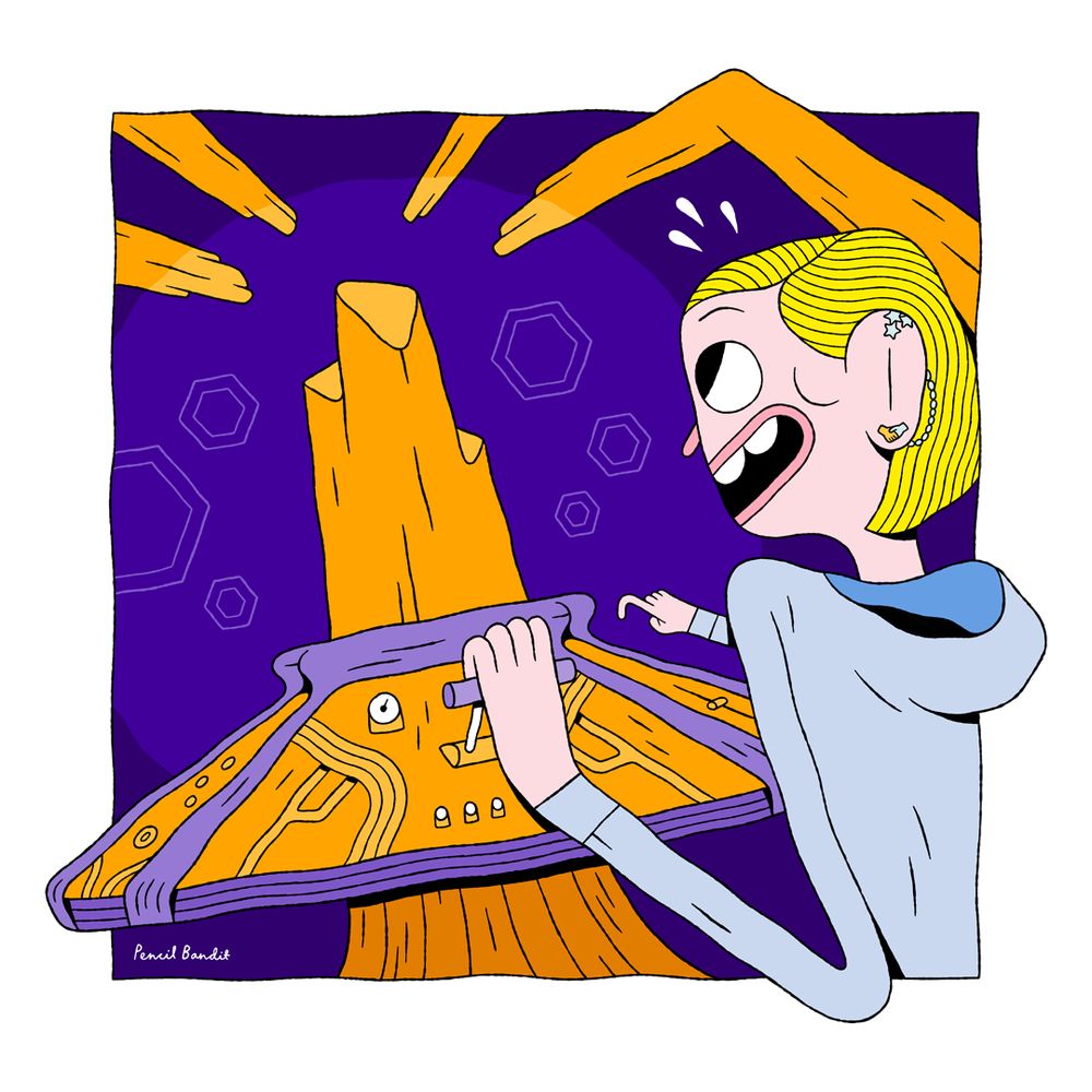 A cartoony illustration of Jodie Whittaker’s Thirteenth Doctor pulling levers on her orange-hued TARDIS console against a purple backdrop.