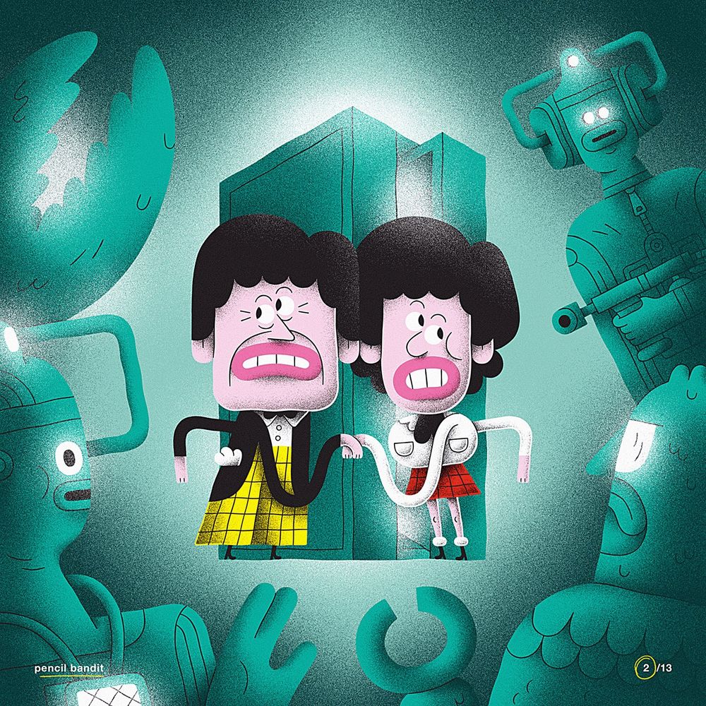 A cartoony illustration of the Second Doctor and his companion Jamie in front of a SIDRAT time capsule, flanked by enemies from Patrick Troughton’s time as Doctor Who, on a teal background.