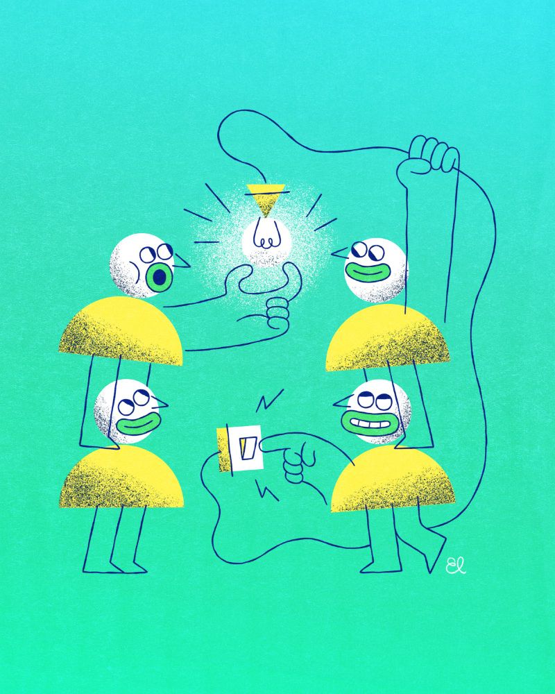 An illustration of four little shape-based characters (white circles for heads, yellow semicircles for bodies, green background) helping to switch on a light bulb, with two characters standing on the shoulders of the other two.