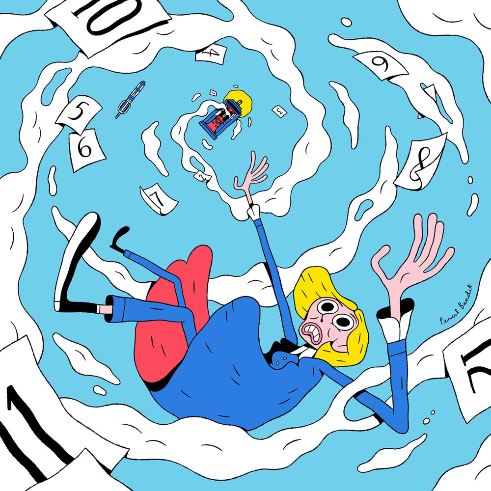 A cartoony illustration of Jodie Whittaker as the Thirteenth Doctor, falling through the sky in a spiral of smoke emanating from the TARDIS in the distance. Scraps of paper with numbers leading up to 13 swirl around her.