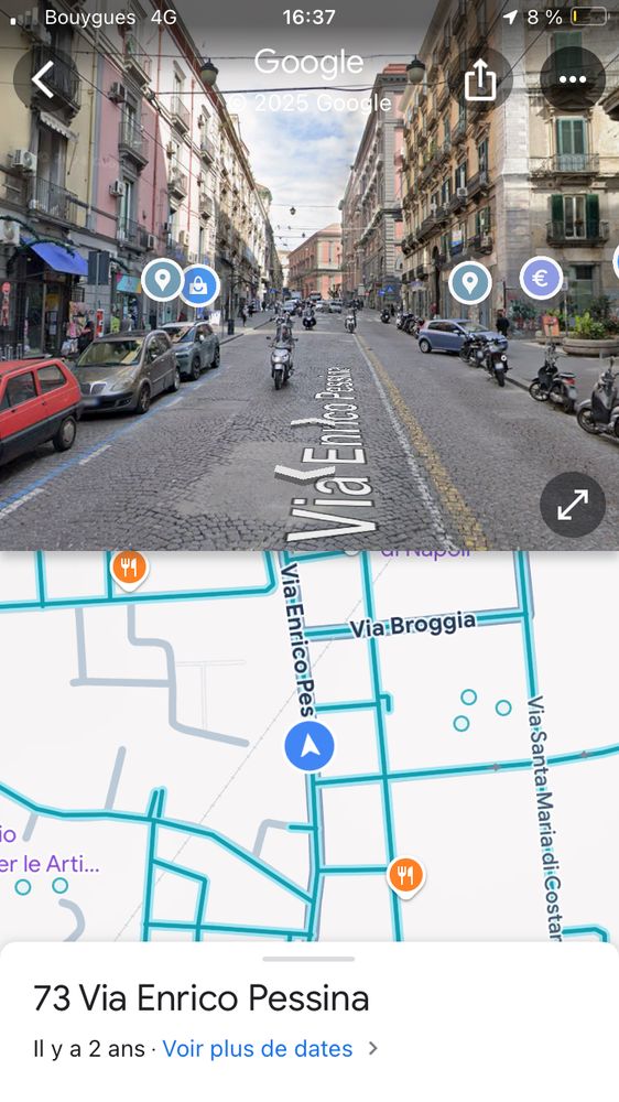 Google street view of via Enrico Pessina in Napoli, looking towards the red building of the Archeological museum 