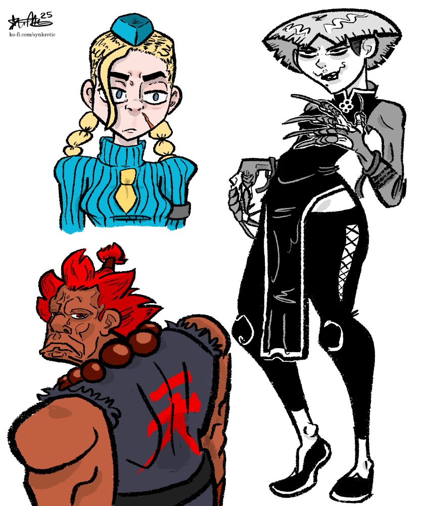 (clockwise) 
cammy from street fighter alpha
a.k.i. from street fighter 6
akuma from street fighter third strike