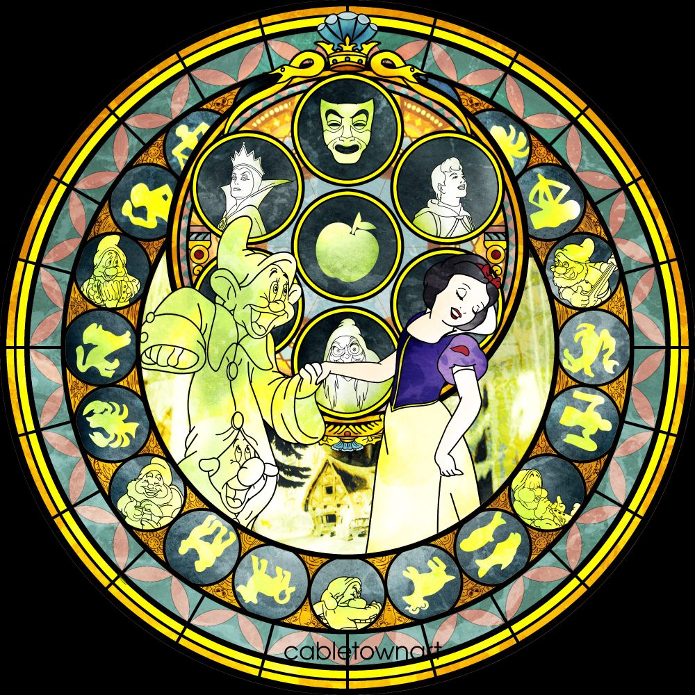 Snow white station of awakening in shades of pale yellow but focused more on her relationships. She is dancing with Dopey and Sneezy and surrounded by the others and symbols of the zodiac. The mirror rests in the top circles with the Queen, the prince, the witch and a poisoned apple symbol. 