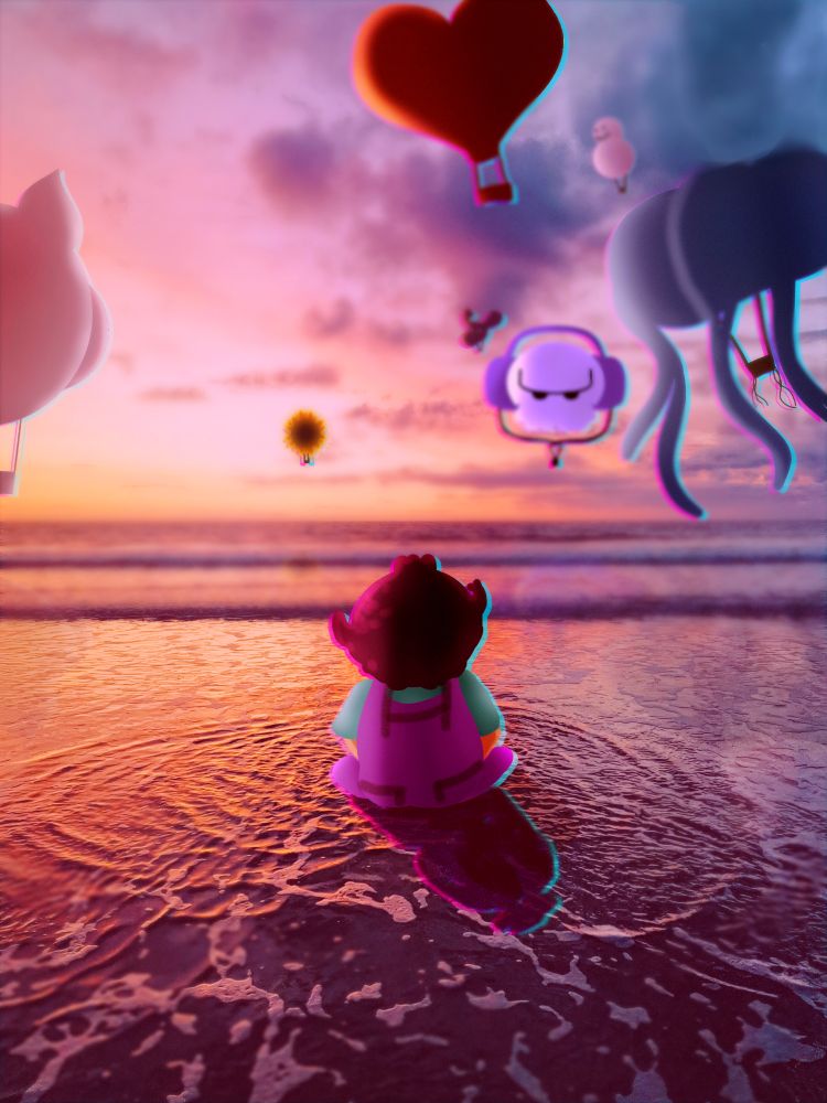 Junior sits on a beach at sunset watching various hot-air balloons roll through the clouds. One is shaped like a pig, one a jellyfish, a snowman, a heart, a skull, a sunflower, and a moose