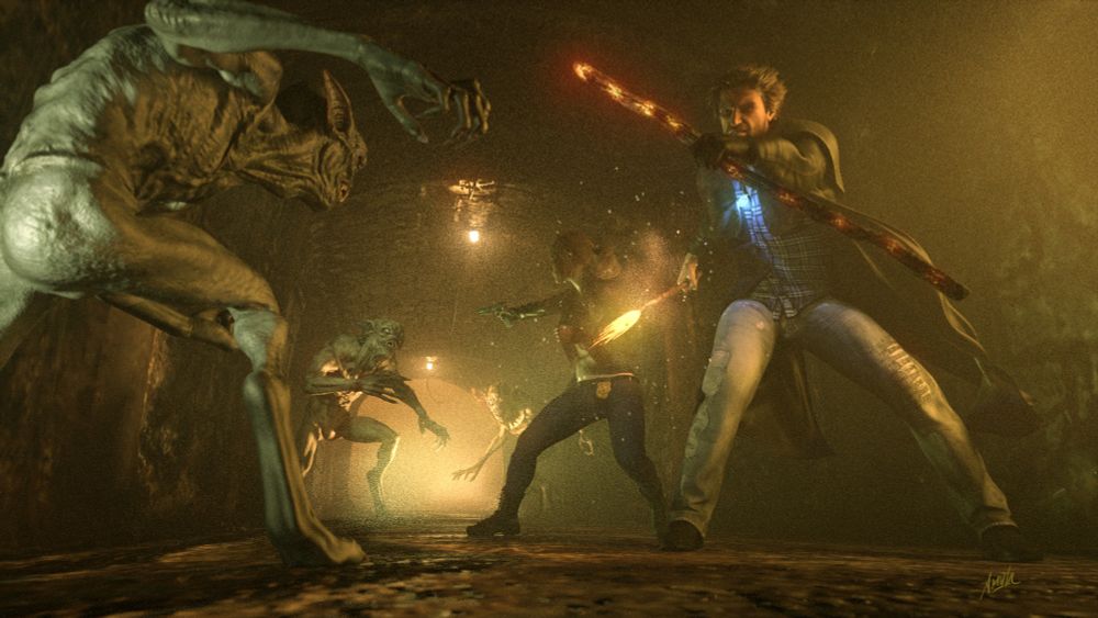 Harry Dresden and Karrin Murphy are in a dimly lit, atmospheric subterranean tunnel, squaring off against several goblin-like creatures that are advancing on them from multiple sides. Murphy is turned towards the background, where two of the creatures are approaching; she is aiming her gun at one of them. Harry is whirling to face another creature coming at them from the foreground, brandishing his staff, its runes glowing with Hellfire. His pentacle is blazing with a pale blue light, and he is channeling fire through the blasting rod in his right hand. 