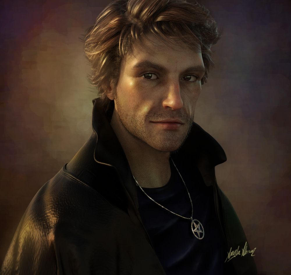 An artistic 3D portrait of Harry Dresden. His face is turned towards the camera, with a slight smile on his mouth. He is wearing a dark blue shirt, his black leather duster, and his pentacle. The background is a simple, painterly blend of colors from dark to light, giving the effect of a soft glow.