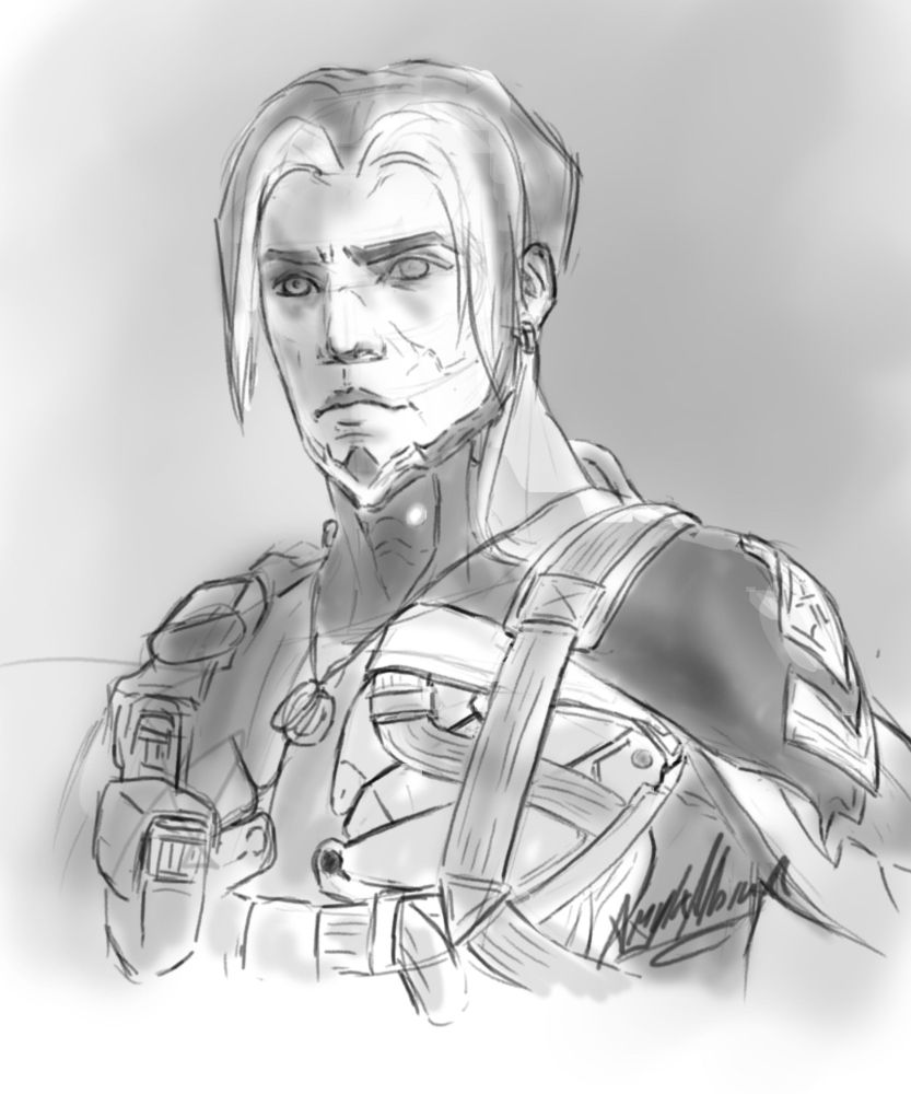 Loosely shaded digital chest-up sketch of Arthur Nightingale, a character from the 1999 expansion of the Warframe game. He is a battle-hardened ex-soldier with scars on the left side of his face and one whited-out eye, also on the left. He has short dark hair with floppy, white bangs framing his face. His body is encased in plated biomechanical armor that reaches up to his chin. He is wearing an equipment harness with ammo pouches and a radio, and is wearing a pair of dog tags. He has an earring in his left ear.