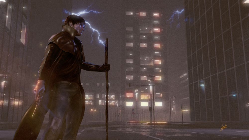 A 3D render of Harry Dresden, standing in profile against a nighttime urban backdrop. He is holding his revolver in one hand, at his side, and his staff in the other. His clothing and hair are wet from the rain, and lightning can be seen flashing in the distance. The environment is thick with mist, and the lights glow softly in the buildings around him.