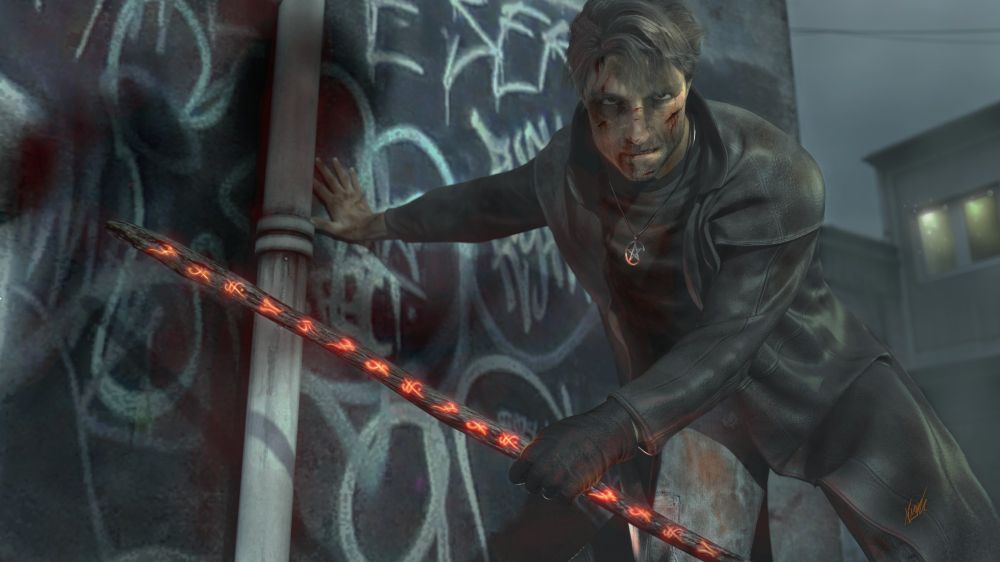 Urban fantasy character Harry Dresden is depicted here in a 3D render. He is leaning heavily on a graffiti-covered wall, battered and exhausted but with a look of fierce determination on his face. He is holding a long wooden staff with fiery glowing runes. He's wearing his usual long leather duster, his pentacle, and jeans and a tee shirt. The shadow of some unknown creature looms on the wall beside him, cast from whatever Harry is glaring at offscreen.