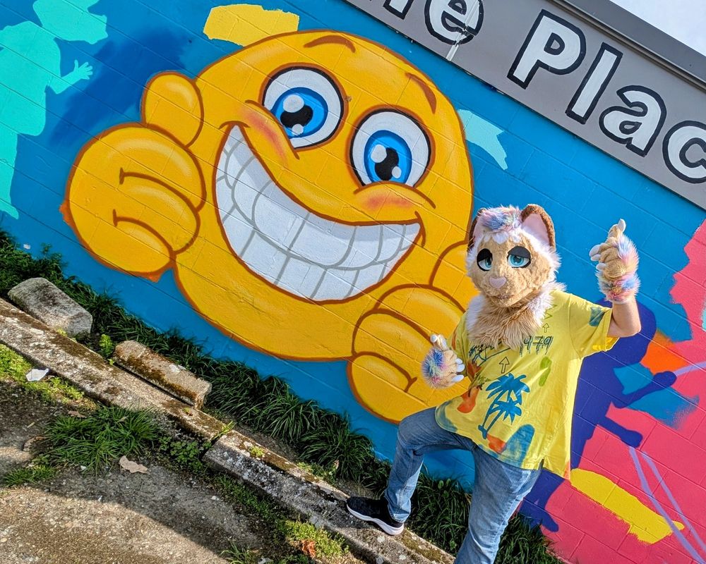 me wearing Sprinkles standing next to a mural of a smiley face doing double thumbs up. i am mimicking the double thumbs up
