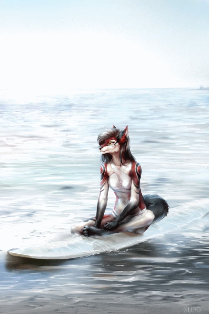 anthro wolfess on a surfboard in calm water