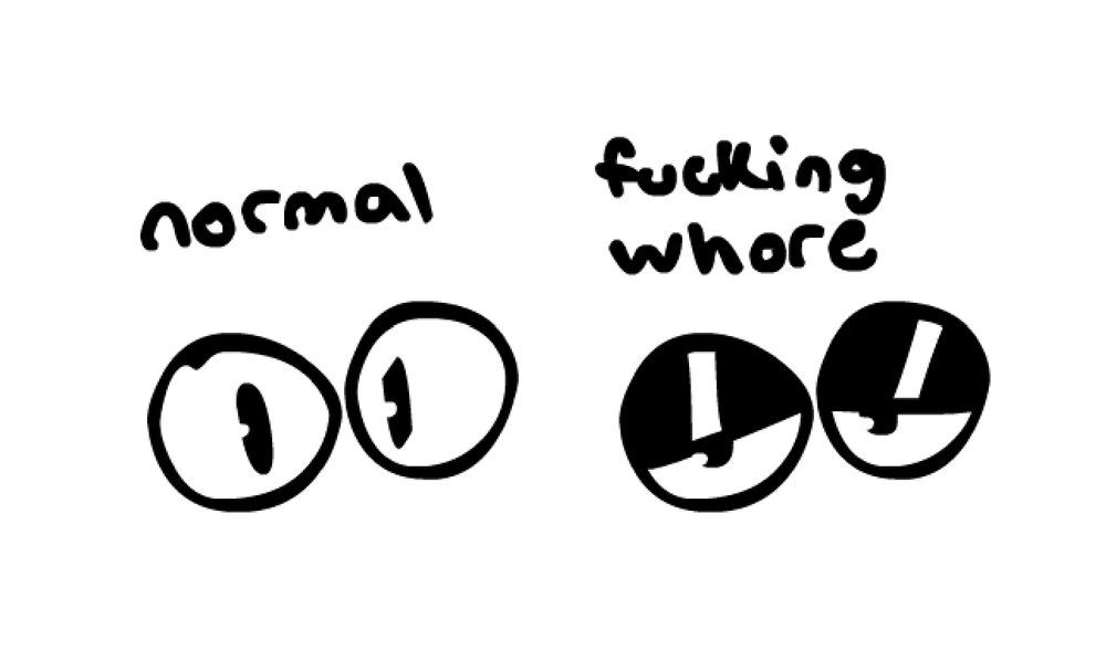 cartoon illustration of open eyes that say "normal" above them, and shiny half-lifded eyes that say "fucking whore" above them.