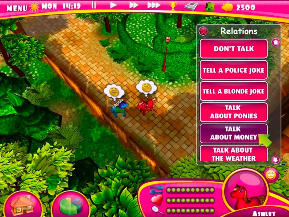 screenshot from an old cd-ROM pony game. dialog options are as follows: 

DON'T TALK
TELL A POLICE JOKE
TELL A BLONDE JOKE
TALK ABOUT PONIES
TALK ABOUT MONEY
TALK ABOUT THE WEATHER