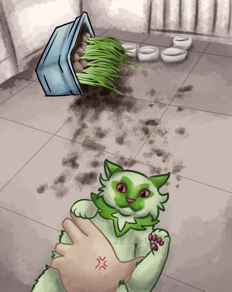 Sprigatito grabbed by human hand, fallen potted onions behind them