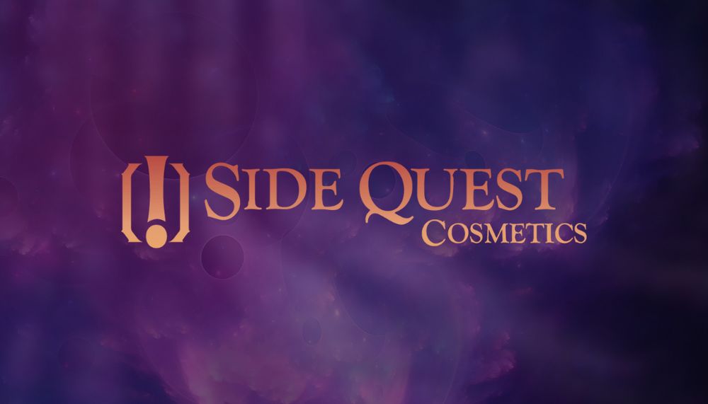The Side Quest Cosmetics logo on top of a purple, blue, and black background 