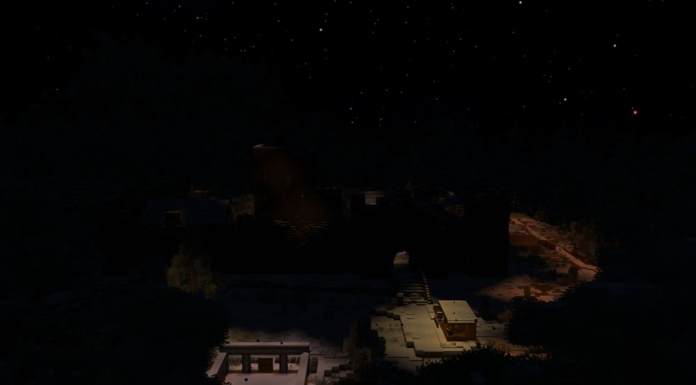 The shadow of a ruined castle looms over snow covered fields. free standing structures are dwarfed by it in the foreground. A field of stars are overhead watching down on it's inhabitants.  A safe spot in a world torn by Temporal disturbance. 