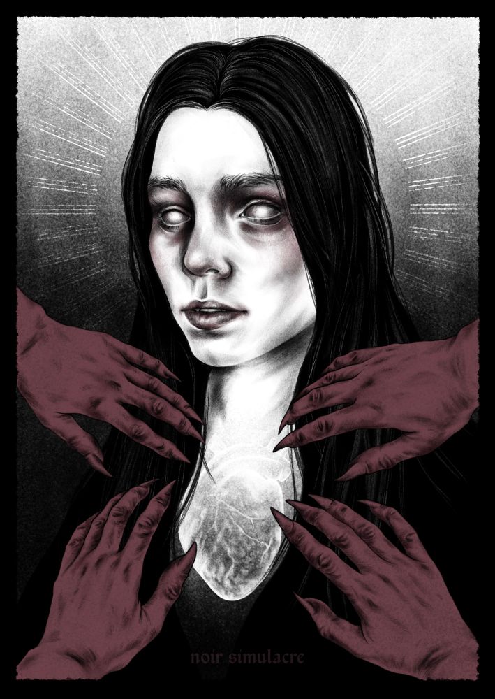 Black and white illustration portrait of an unnamed character surrounded by threatening red clawed hands preying on their heart