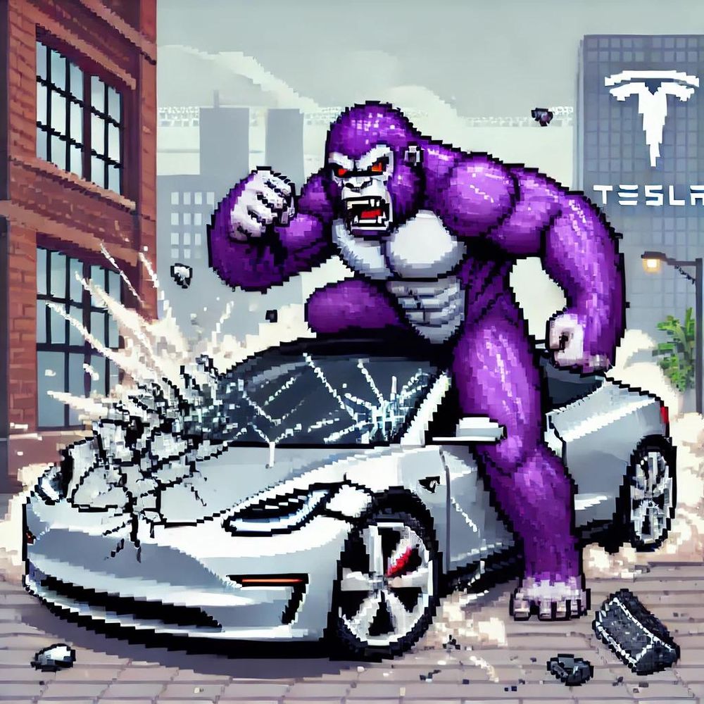 Purple Gorilla destroying a silver tesla in a city-scape. 