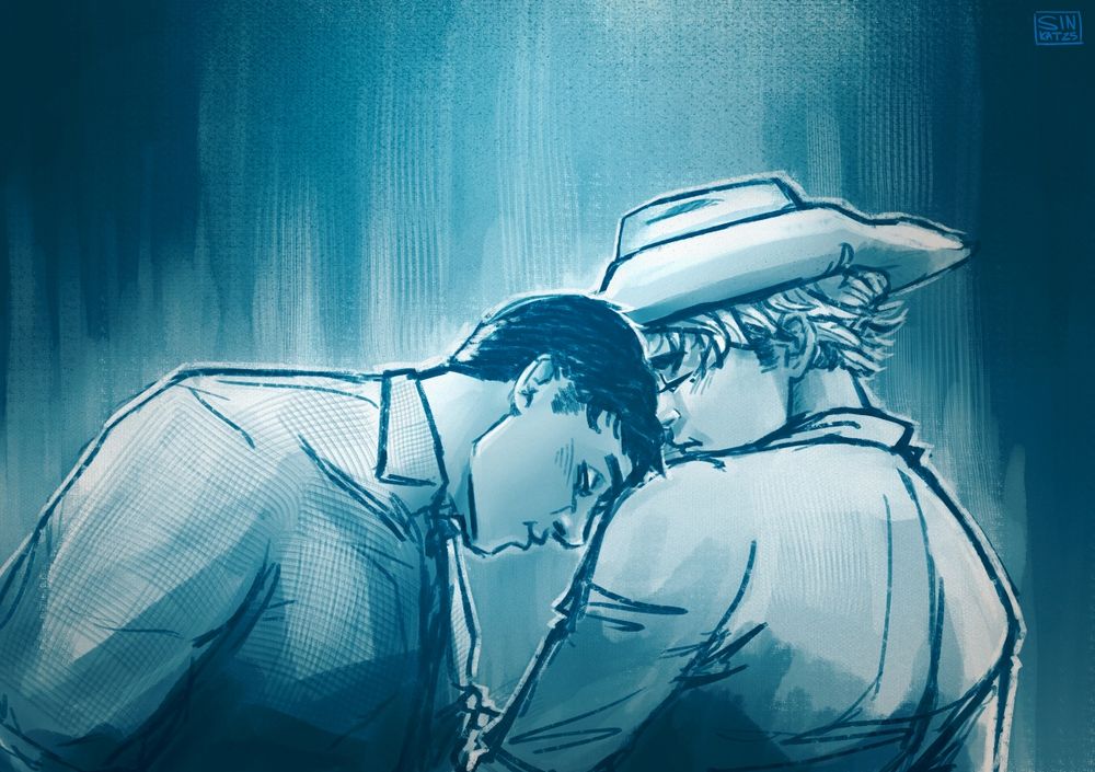 The drawing shows both Daichi and Koushi in a vulnerable moment. They are both shown from just below the chest up, Daichi on the left and Koushi on the right. Daichi is leaning over to rest his head on Koushi's shoulder. His eyes are closed and he's being vulnerable. Koushi as arched away slightly, unsure how to react. His eyelids are lowered, maybe closed too, and his expression is sad. 