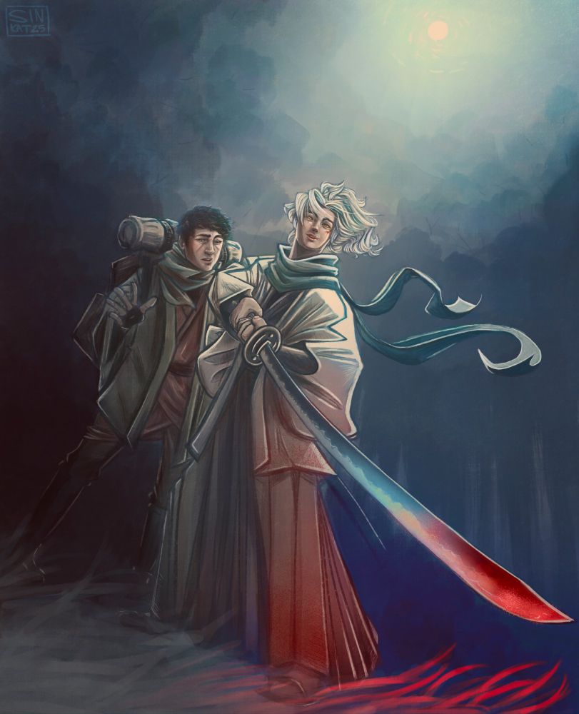 An illustration of Sugawara Koushi as a samurai and Sawamura Daichi as a travelling doctor's apprentice. They are shown from a downward angle with dark forest behind them and a hazy sky above. Suga is standing in the foreground with a calm smile on his face. He is wearing gray hakama pants, white haori jacket, dark kimono, and a teal scarf. He holds his katana with both hands and has it pointed towards the viewer. The tip of it is covered in blood. Daichi stands just behind and to the (viewer's) left of Suga. He is looking on in shock and has his right hand raised. He has a large pack strapped to his back and is wearing tighter-fitting travelling pants, a red kimono, greenish haori jacket, green scarf, and fingerless gloves. 