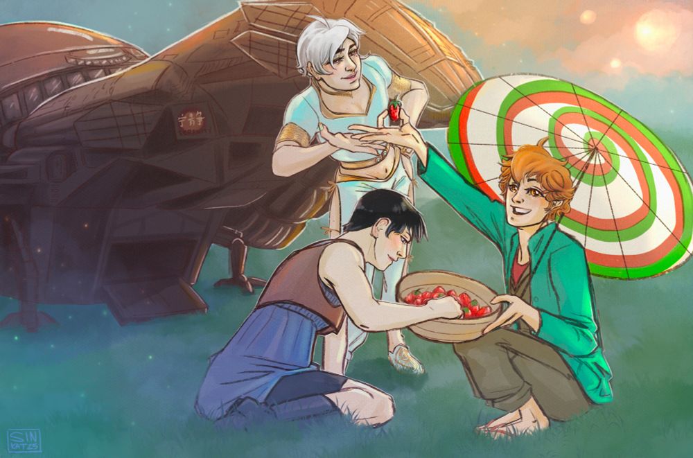 Drawing of characters from Haikyuu in a crossover as characters from Firefly. Hinata is Kaylee; Kageyama is River; Suga is Inara. Hinata is crouching and smiling, holding a bowl of strawberries. Kageyama is sitting beside him, reaching into the bowl. Suga is standing over both of them, looking at them fondly. The ship, Serenity, is in the background. 