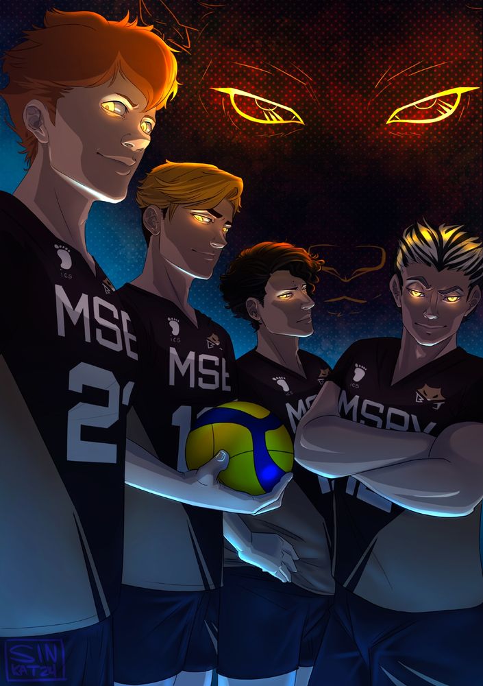 A low-angle drawing of the MSBY 4 players: Hinata Shouyou, Atsumu Miya, Sakusa Kiyoomi, and Bokuto Kotaru. The overall image is dark and they are looking into the camera with intimidating stares, all their eyes glowing gold. In the background is a golden outline of a jackal. 