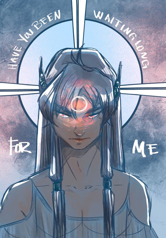 Colored sketch of Sugawara Koushi from Haikyuu, in a fantasy au. He's an elf with long hair that is worn loose and down with two thick strands pulled forward over his shoulders. He's glaring into the "camera," chin tilted slightly downwards as a glowing circle in front of his forehead radiates orange/red/pink light onto his face and hair. Behind him is a stylized sort of white circular sunburst. The text on the image reads "Have you been waiting long for me" and is a lyric from Sleep Token's "Even in Arcadia." 