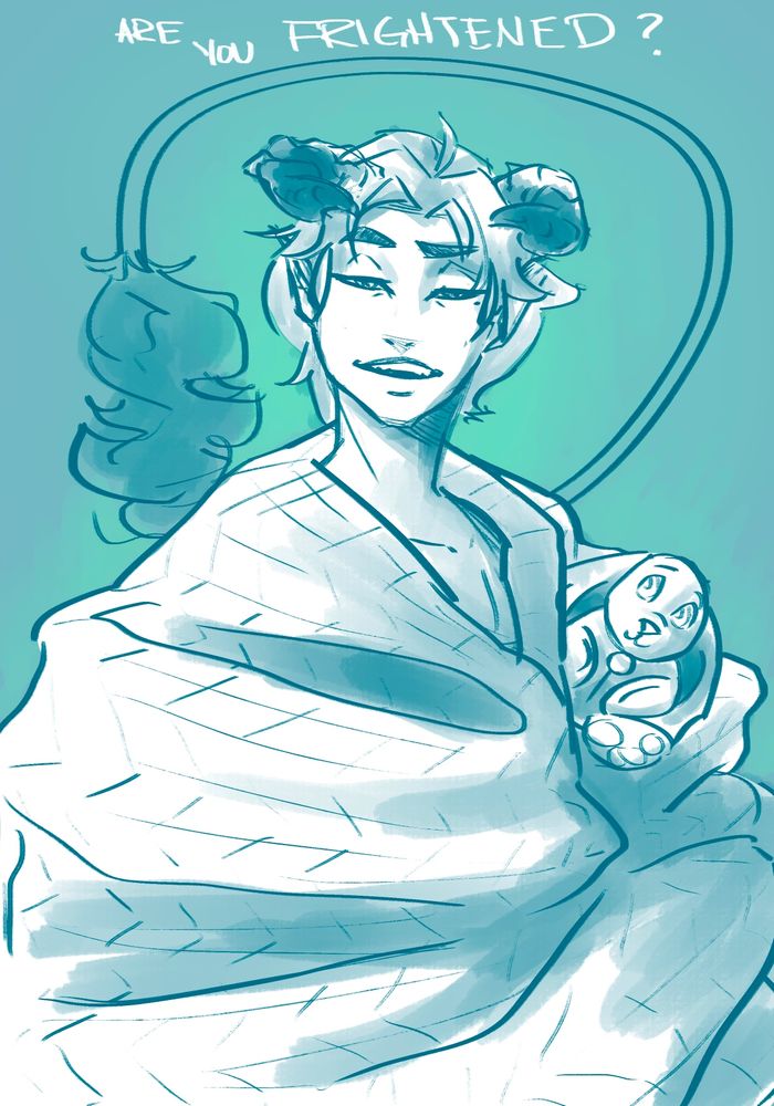 Drawing of Sugawara Koushi as a demon. He has pointy ears, horns, and a tail. In this drawing, he's wrapped in a blanket, so not much of his body is shown, but he is holding a stuffed rabbit. His expression is smug, and the text on the drawing reads "Are you frightened?"