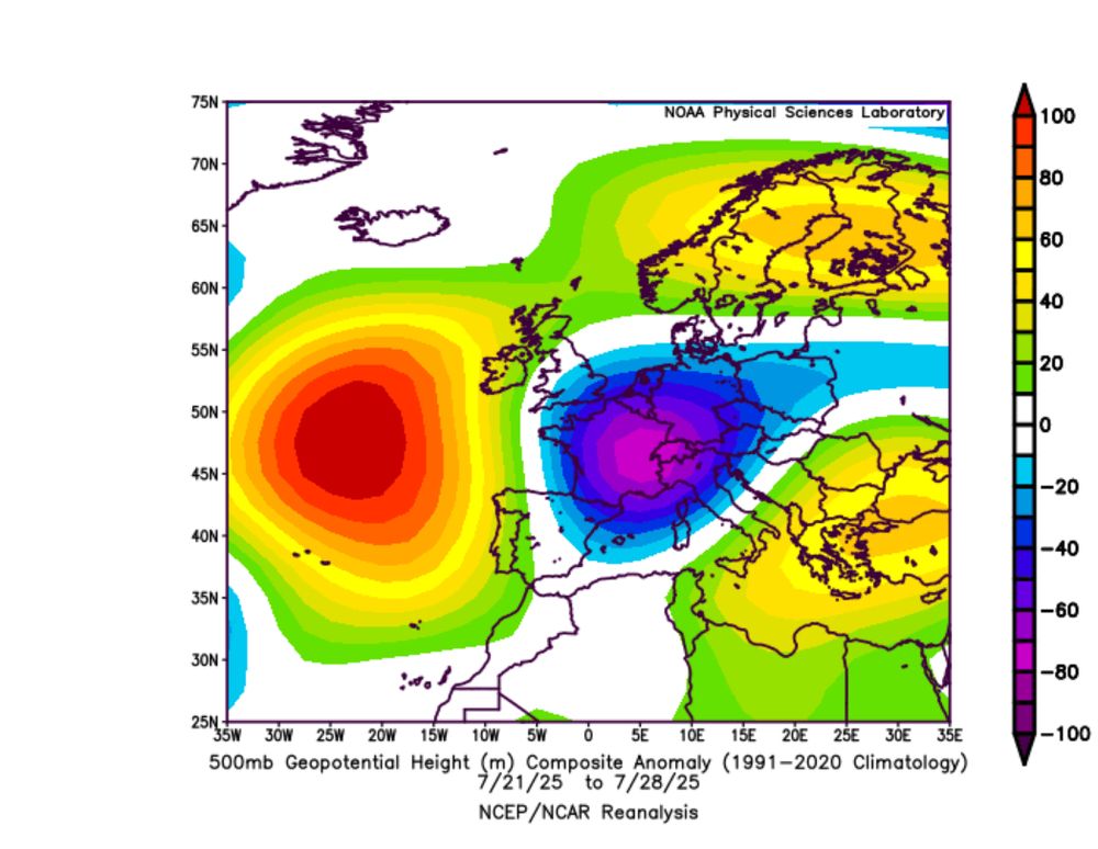anomalie de géopotentiel à 500 hPa du 21 au 28 juillet 2025 : une tâche bleu violet centrée sur la Bourgogne Franche-Comté