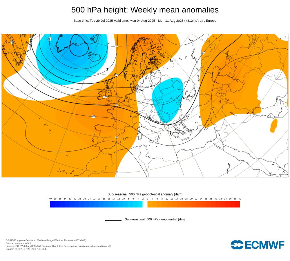 Anomalie de géopotentiels à 500 hPa pour la semaine du 4 au 10 août 