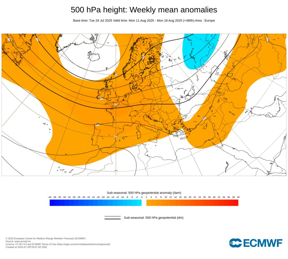 Anomalie de géopotentiels à 500 hPa pour la semaine du 11 au 17 août 