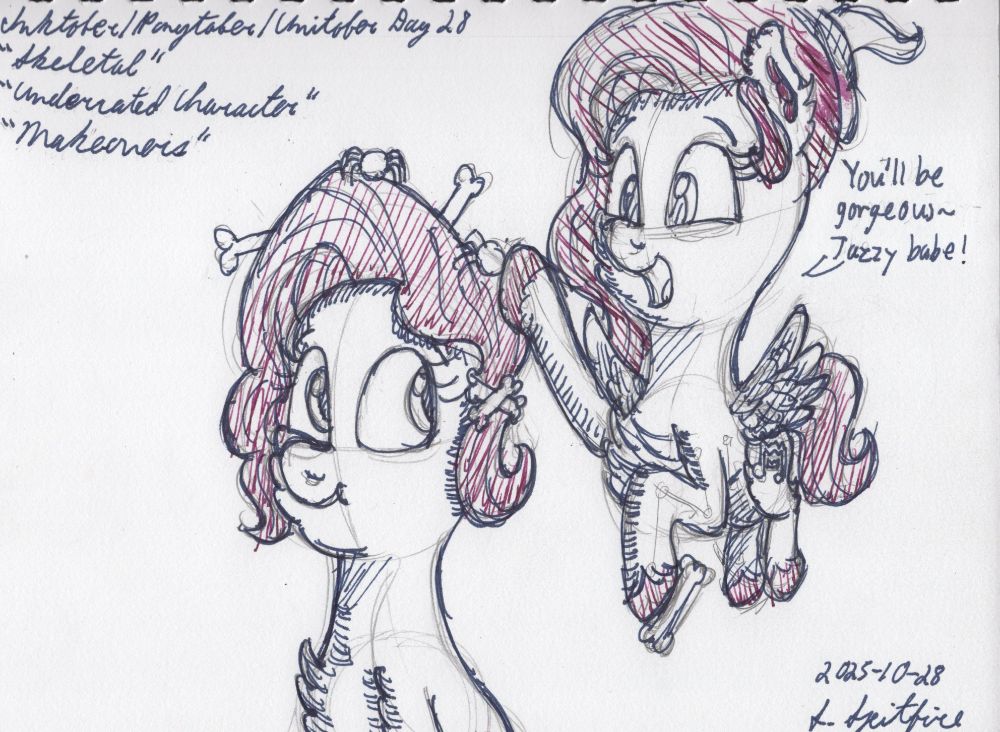 Pipp Petals decorating Jazz Hooves' mane with bones and spiders (both fake), all for a Nightmare Night costume. Pipp herself is wearing a witch's hat. To make it easier to style Jazz's mane, Pipp is flying. She is putting a spider on Jazz's mane with one hoof and holding a bone in another.

Jazz is sitting and looking back at Pipp with a smile.