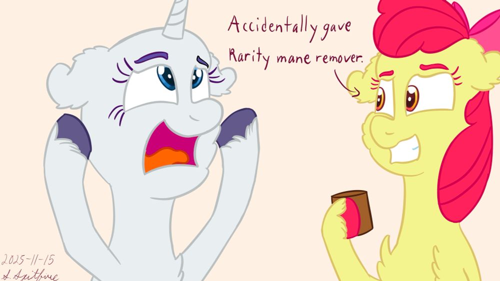 A bald Rarity looking up in horror at her missing mane. To the right is an Apple Bloom holding a brown container of mane remover. A caption reads "Accidentally gave Rarity mane remover".