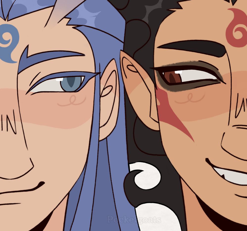 A digital illustration of Ao Bing and Nezha from the Ne Zha movie. It is a closeup of their faces. Ao Bing stands to the left of the screen, while Nezha is in his true form and stands to the right. They are facing the front, only half of their faces are visible. They are looking at eachother and smiling.
