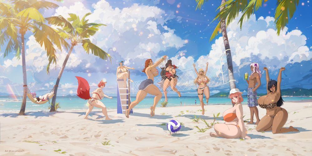 A beach where nine characters are getting together and having a party. From left: Claudia is sitting on a hammock reading a book; Akane is playing volleyball with three other characters; Rina is sitting on a referee's chair blowing a whistle and signaling that the far side has scored; Wendy is reaching up to hit the ball, but she misses; Hatsune spikes the ball, which lands to Wendy's right; Reina is jumping and celebrating her side scoring a point; Lucie is sitting in the ground enjoying the scene; Lukianos is watching the match while sipping from a bottle that says "FRESH SQUEEZED Lemonade"; and Letty is sitting on the ground and stretching.