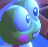 A zoom in of the frog character, Keroppi, and his hundred-yard stare for comedic effect.