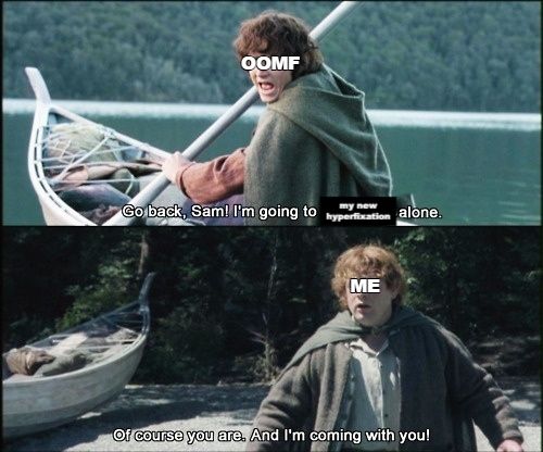 A lord of the rings meme image 

Top: Frodo with the word OOMF across his face, he is in a canoe about to leave while yelling "Go back, Sam! I'm going to my new hyperfixation alone."

Bottom: Sam with "ME" across his face yelling back "Of course you are. And I'm coming with you!"