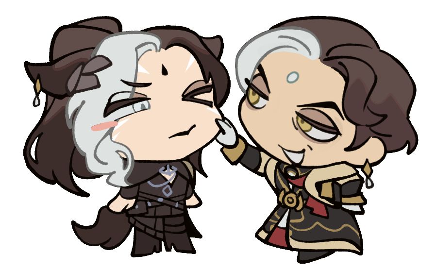 Emet-Selch pinching and pulling my WoL (Nyx)’s cheek 