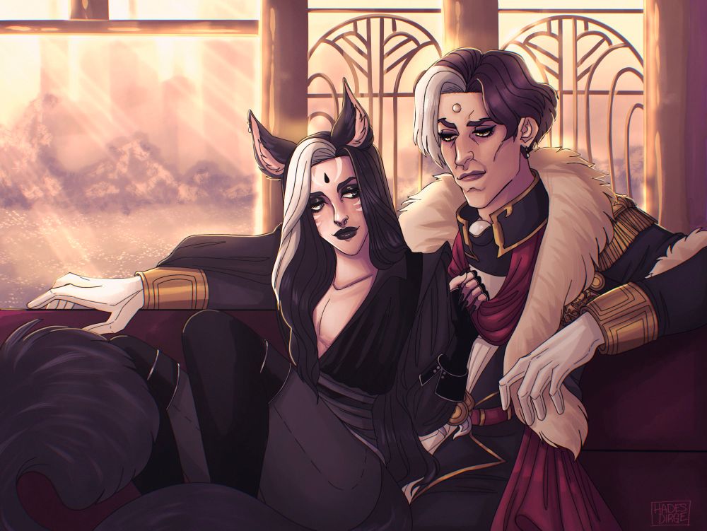 An illustration of Nyx, my Miqo’te warrior of light reclining on a couch and leaning against Emet-Selch while tugging on his red sash. Emet has one arm around Nyx resting on the back of the couch. Behind them is the light flooded view outside Eulmore