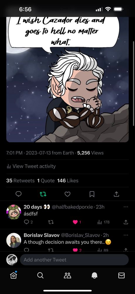 A screenshot of the meme in post one posted on twitter July 13th 2023, beneath Borislav Slavov (the composer of BG3’s soundtrack) commented “A tough decision awaits you there…(winking emoji)”