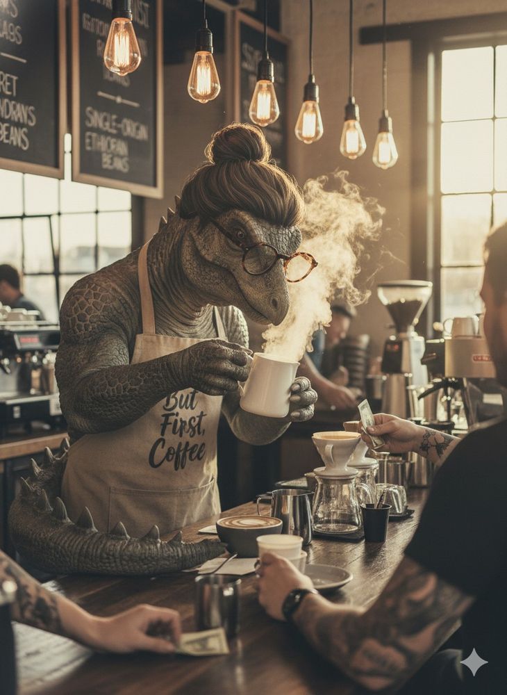 A hipster lifestyle photograph of a Stegosaurus barista with a perfectly coiled man bun and tortoiseshell glasses, steaming milk with clinical precision behind a reclaimed wood coffee counter. The dinosaur's massive claws delicately grip a porcelain pitcher as it creates an intricate latte rosetta, its spiked tail carefully tucked away from the pour-over station, while wearing a canvas apron that reads "But First, Coffee" in trendy typography. Tattooed human arms reach across the counter for almond milk cortados as Edison bulbs cast warm golden light on chalkboard menus listing single-origin Ethiopian beans. Shot over-the-shoulder with shallow depth of field and VSCO filter aesthetic, warm morning light streams through industrial steel-frame windows, backlit steam catches the light while human customers blur into soft bokeh in the background, creating a cozy tribute to third-wave coffee culture's earnest absurdity.