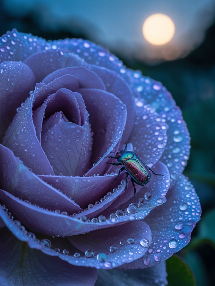 A macro photography shot of a rare "Blue Moon" rose captured in extreme close-up within a midnight garden. The rose's velvety lavender-blue petals unfurl in perfect detail, their surfaces adorned with countless microscopic dewdrops that act as tiny lenses, each one catching and refracting the ethereal moonlight into prismatic sparkles. A small iridescent beetle with metallic green and purple highlights rests delicately on one of the inner petals, its chitinous shell gleaming softly against the flower's organic curves. The background dissolves into a dreamy bokeh of deep indigo darkness, with the full moon appearing as a gentle, luminous blur, while subtle rim lighting defines each petal edge with an otherworldly glow.