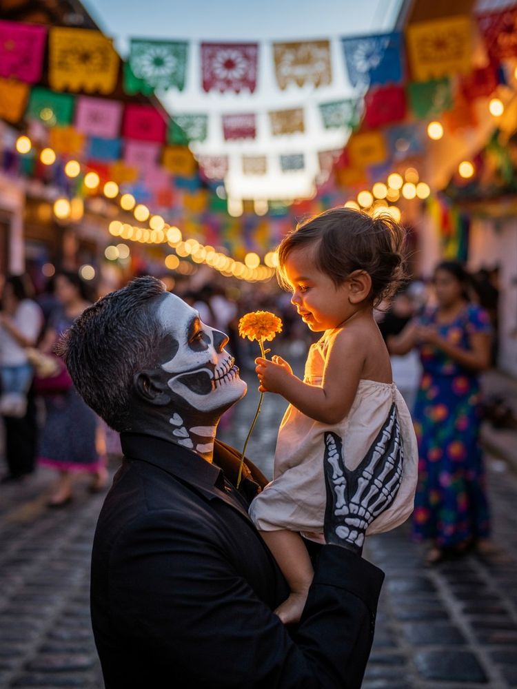 A magical realism photograph capturing an intimate moment during Día de los Muertos in Oaxaca, where a small child sits perched on their father's shoulders, who is adorned in elaborate Calavera face paint with intricate white skeletal details against deep black. The unpainted child tenderly holds a single glowing marigold flower toward their father's painted face, the bright orange petals seeming to radiate an inner warmth that contrasts beautifully with the skeletal imagery. Behind them, the cobblestone street swirls with a vibrant bokeh of festival lights, colorful papel picado banners, and celebrating families in traditional dress, all softly blurred to emphasize the tender foreground moment. Golden hour sunlight mingles with the warm flicker of countless candles and string lights, casting a magical glow that makes the marigold appear luminous against the rich textures of the celebration.